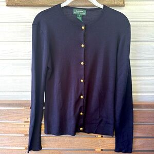 Ralph Lauren 100% Silk Navy Blue Cardigan with Gold Buttons Vintage
